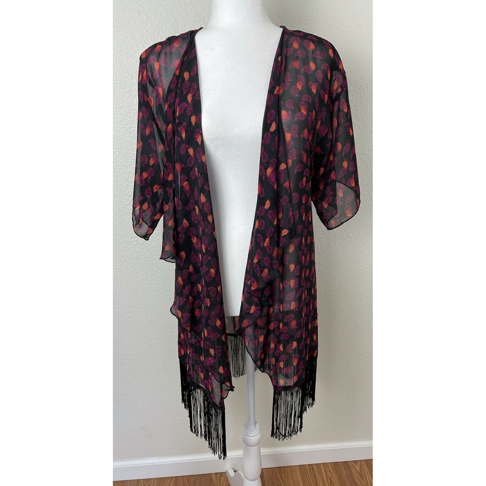 Lularoe Monroe kimono Sz S multi color‎ with black fringe Coverup Beach